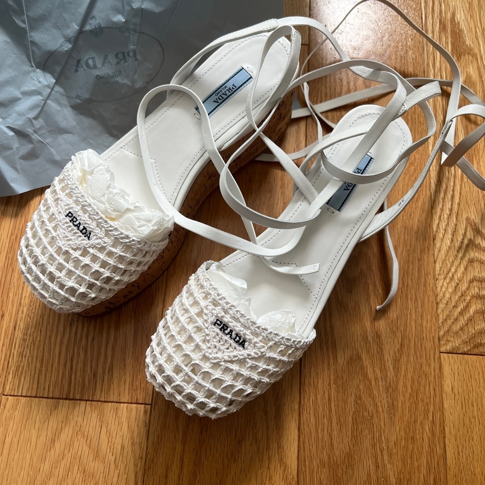 Prada Ankle-Wrap Raffia Platform Sandals